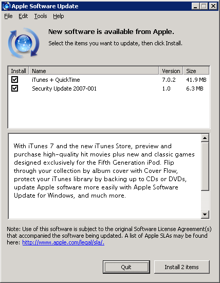 Apple Software Update: iTunes + QuickTime and Security Update 2007-001